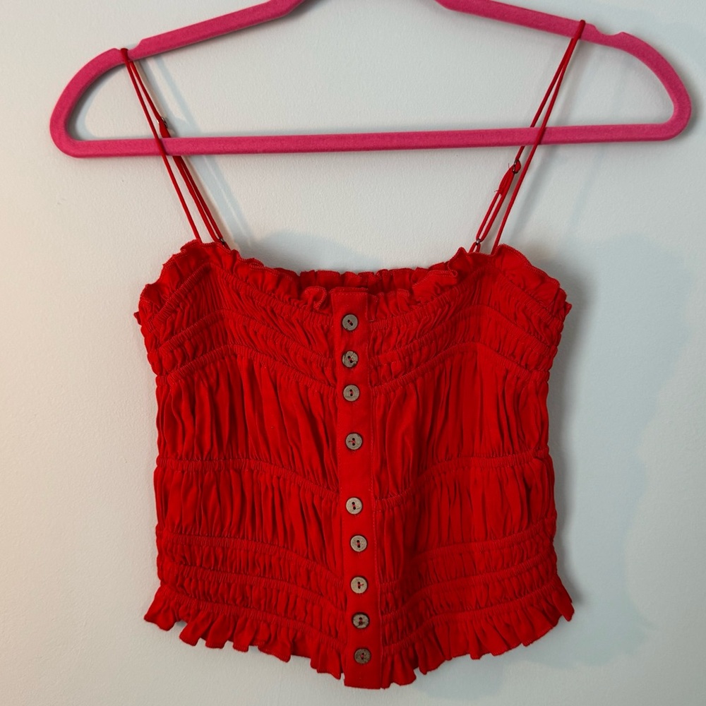 Chelsea & Violet Red Smocked Button Front Crop Top